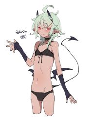 Rule 34 | 1boy, azuma shino, black bra, black nails, black panties, blush, bra, bulge, closed mouth, copyright request, cowboy shot, cropped legs, demon tail, earrings, fingerless gloves, fingernails, gloves, green hair, hair ornament, hairclip, hand up, highres, horns, jewelry, looking at viewer, low wings, male focus, medium hair, nail polish, panties, pointy ears, red eyes, simple background, slit pupils, smile, solo, standing, tail, trap, underwear, underwear only, white background, wings, yomu (azuma shino)