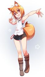 Rule 34 | 1girl, ahoge, animal ear fluff, animal ears, armpits, black shorts, boots, collarbone, fang, fox ears, fox girl, fox tail, full body, hair between eyes, hair ornament, hairclip, highres, knee boots, looking at viewer, minowa sukyaru, open mouth, orange hair, original, outstretched arm, red eyes, shirt, short shorts, shorts, sleeveless, sleeveless shirt, smile, solo, tail, v, wristband