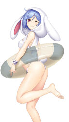 Rule 34 | 1girl, animal ears, animal hood, ass, back, barefoot, bikini, blue hair, blush, breasts, closed mouth, commentary request, cowlick, floppy ears, foot out of frame, hair between eyes, hataraki kuma, highres, holding, holding swim ring, hood, hood up, innertube, looking at viewer, looking to the side, medium bangs, one eye closed, rabbit ears, rabbit hood, rabbit tail, red eyes, reisen (touhou bougetsushou), short hair, simple background, small breasts, smile, soles, solo, striped innertube, swim ring, swimsuit, tail, thighs, toes, touhou, white background, white bikini, white hood