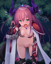Rule 34 | 10s, 1girl, armor, bikini armor, black thighhighs, blue eyes, breasts, chipa (arutana), elizabeth bathory (brave) (fate), elizabeth bathory (fate), fang, fate/extra, fate/extra ccc, fate/grand order, fate (series), green eyes, hanging breasts, holding, holding sword, holding weapon, long hair, looking at viewer, nipples, open mouth, outdoors, over-kneehighs, pauldrons, pink hair, pointy ears, purple hair, shoulder armor, small breasts, solo, standing, sword, thighhighs, tsurime, weapon