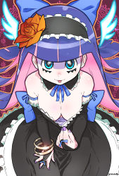 Rule 34 | 10s, 1girl, :p, blue eyes, blue hair, breasts, bridal gauntlets, cleavage, colored inner hair, dress, elbow gloves, flower, from above, gloves, gothic lolita, hair flower, hair ornament, hairband, highres, lolita fashion, matching hair/eyes, multicolored hair, nail polish, panty &amp; stocking with garterbelt, purple nails, smile, solo, stocking (psg), tongue, tongue out, wings, yonezawa mao