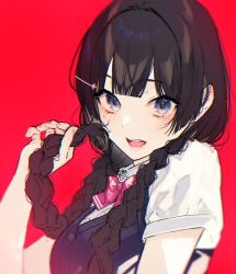 Rule 34 | 1girl, black hair, blue eyes, blue vest, blush, bow, bowtie, braid, breasts, collared shirt, commentary, eyelashes, hair ornament, hairclip, holding, holding hair, kayahara, long hair, looking at viewer, medium breasts, nijisanji, open mouth, pink bow, pink bowtie, red background, school uniform, shirt, short sleeves, side braids, simple background, smile, solo, symbol-only commentary, tsukino mito, tsukino mito (3rd costume), twin braids, upper body, vest, virtual youtuber, white shirt