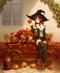 Rule 34 | (tat), 1girl, 2d prot, bare shoulders, barrel, black thighhighs, breasts, brick wall, cleavage, detached sleeves, flower, green eyes, halloween, hat, heart, jack-o&#039;-lantern, long hair, neck ribbon, original, pumpkin, red hair, ribbon, shoes, sitting, smile, solo, thighhighs, wagon, window, witch hat