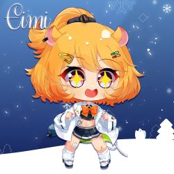 Rule 34 | 1girl, animal ears, artist request, bandaid, bandaid on knee, bandaid on leg, black shirt, black skirt, bow, bowtie, character name, chibi, coat, crop top, earrings, eimi isami, hair ornament, hairclip, hamster ears, hamster girl, highres, jewelry, loose socks, midriff, open mouth, orange bow, orange bowtie, orange hair, phase connect, pink eyes, pleated skirt, ponytail, shirt, skirt, snow, snowflakes, snowing, socks, solo, sparkling eyes, teeth, tree, upper teeth only, virtual youtuber, white coat, white footwear, white socks