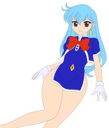 Rule 34 | 1990s (style), 1girl, absurdres, ass, blue footwear, blue hair, bow, breasts, crossed legs, dress, earrings, female focus, flight attendant, gloves, hand up, hat, highres, hip focus, jewelry, legs, long hair, looking to the side, medium breasts, miniskirt, no panties, open mouth, purple eyes, red bow, retro artstyle, shoes, short dress, short sleeves, sitting, skirt, smile, solo, tenjouin katsura, thighs, third-party edit, transparent background, travel attendant, vector trace, white gloves, yat anshin uchuu ryokou