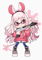 Rule 34 | 1girl, :3, animal ears, black hairband, blue pantyhose, closed mouth, commentary, drawstring, fake animal ears, full body, grey background, grey footwear, hairband, holding, holding weapon, hood, hoodie, inkling, inkling girl, inkling player character, long hair, long sleeves, mask, mouse ears, mouse tail, nintendo, pantyhose, pink eyes, pink hair, pink hoodie, platform footwear, pointy ears, puffy long sleeves, puffy sleeves, shoes, short eyebrows, shorts, shugao, solo, standing, symbol-only commentary, tail, thick eyebrows, very long hair, weapon, white shorts