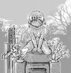Rule 34 | 1girl, bob cut, breasts, cloud, female focus, flower, greyscale, monochrome, navel, nude, outdoors, petrification, plant, short hair, sitting, sky, small breasts, solo, statue, stone, tombstone, tree