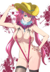 Rule 34 | 1girl, areola slip, blue eyes, blush, breasts, cameltoe, cleavage, commentary request, covered erect nipples, cowboy hat, fur trim, groin, hat, kagura (oneechanbara), large breasts, lips, long hair, looking at viewer, minpei ichigo, nail polish, navel, oneechanbara, parted lips, pink hair, pubic tattoo, shiny skin, sideboob, slingshot swimsuit, smile, solo, standing, strap gap, sweat, swimsuit, tattoo, teeth, thighs, twintails, very long hair