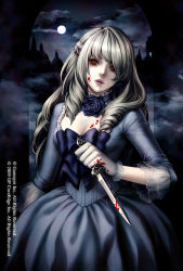 Rule 34 | 1girl, alteil, black rose, blood, blood on face, blue rose, bow, breasts, character request, choker, cleavage, dress, drill hair, flower, gloves, knife, lips, long hair, medium breasts, moon, night, orange eyes, rose, silver hair, solo, vampire, yuki hayabusa