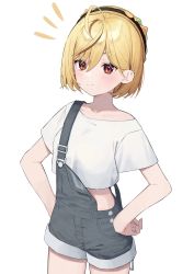 Rule 34 | 1girl, absurdres, ahoge, blonde hair, blush, closed mouth, collarbone, food-themed clothes, hair between eyes, hands on own hips, hat, highres, looking at viewer, notice lines, original, overall shorts, overalls, red eyes, shirt, short hair, short sleeves, simple background, smile, solo, standing, syhan, virtual youtuber, white background, white shirt