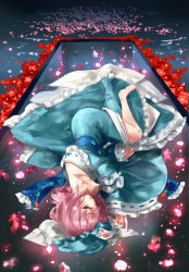 Rule 34 | 1girl, barefoot, blue kimono, breasts, cherry blossoms, cleavage, fish, flower, from above, glowing, glowing petals, half-closed eye, hat, unworn hat, unworn headwear, japanese clothes, kimono, legs, looking at viewer, looking up, lying, medium breasts, mob cap, nagare, obi, off shoulder, on side, petals, pink eyes, pink hair, ribbon-trimmed clothes, ribbon trim, ripples, saigyouji yuyuko, sash, short hair, solo, thighs, toes, touhou, triangular headpiece, uneven eyes, veil, water