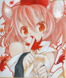 Rule 34 | 1girl, animal ears, autumn leaves, bare shoulders, blush, blush stickers, breasts, detached sleeves, edaman, fingerless gloves, fingernails, gloves, hat, inubashiri momiji, leaf, leaf background, looking at viewer, marker (medium), millipen (medium), pom pom (clothes), red eyes, shikishi, short hair, silver hair, solo, tokin hat, touhou, traditional media, wolf ears