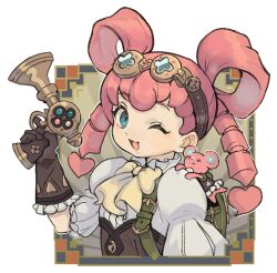 Rule 34 | 1girl, ace attorney, alpaca carlesi, blue eyes, bow, double bun, dress, drill hair, gloves, goggles, goggles on head, hair bun, hair ornament, hair rings, heart, holding, iris wilson, long hair, looking at viewer, one eye closed, open mouth, pink hair, puffy sleeves, smile, solo, stuffed animal, stuffed mouse, stuffed toy, the great ace attorney, twintails, upper body