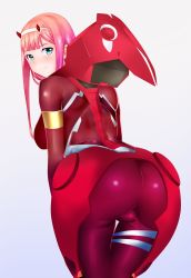 Rule 34 | 10s, 1girl, ass, blush, bodysuit, breasts, darling in the franxx, from behind, green eyes, hairband, highres, horns, huge ass, large breasts, leaning, leaning forward, long hair, looking at viewer, nkuroo9, pink hair, red bodysuit, shiny clothes, sideboob, skin tight, smile, solo, zero two (darling in the franxx)
