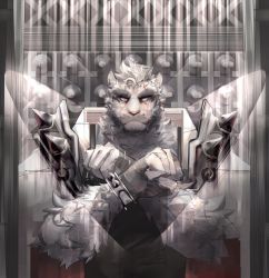 Rule 34 | 1boy, animal ears, aqua eyes, arknights, bandages, bandaged hand, bandages, black tank top, bracelet, crossed arms, furry, furry male, highres, holding, holding weapon, jewelry, looking at viewer, male focus, mountain (arknights), scar, scar across eye, scar on face, short hair, solo, solomon (solosolosolomon), tail, tank top, thick eyebrows, tiger boy, tiger ears, tiger tail, upper body, weapon, white fur, white hair