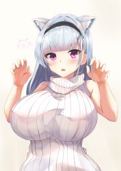 Rule 34 | 1girl, absurdres, animal ears, azur lane, blush, breasts, dido (azur lane), hair ornament, hairband, highres, huge breasts, kanno esuto, large breasts, long hair, looking at viewer, paw pose, purple eyes, ribbed sweater, silver hair, sleeveless, sleeveless sweater, solo, sweater, white sweater