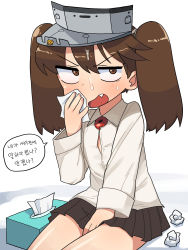 Rule 34 | 1girl, aftersex, brown eyes, brown hair, cum, cum on hair, facial, highres, kantai collection, korean text, lakilolom, magatama, pleated skirt, ryuujou (kancolle), sitting, skirt, tissue, tissue box, translation request, twintails, used tissue, visor cap, wiping face