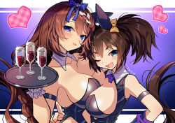 Rule 34 | 2girls, ;d, alternate costume, animal ears, asymmetrical docking, blue bow, blue eyes, bow, breast press, breasts, brown hair, commentary, cup, detached collar, ear bow, ear covers, fang, from side, heart, holding, holding tray, horse ears, horse girl, inari one (umamusume), large breasts, leotard, looking at viewer, looking to the side, multiple girls, one eye closed, open mouth, playboy bunny, signature, smile, super creek (umamusume), tray, twintails, umamusume, upper body, wrist cuffs, yellow bow, zest (lossol)