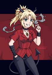 Rule 34 | 1girl, black choker, black pants, blonde hair, braid, burbur, choker, cigarette, commentary, cosplay, demon tail, english commentary, fate/grand order, fate (series), green eyes, grin, hair ornament, hair scrunchie, hand in pocket, helltaker, highres, holding, holding cigarette, horns, jewelry, letterboxed, long hair, looking at viewer, mixed-language commentary, mordred (fate), mordred (fate/apocrypha), pants, pendant, ponytail, red scrunchie, red shirt, scrunchie, shirt, short sleeves, smile, smoke, solo, tail, zdrada (helltaker), zdrada (helltaker) (cosplay)