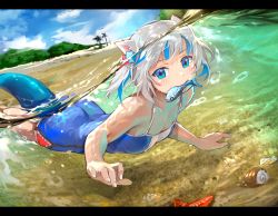 Rule 34 | 1girl, animal ears, beach, blue eyes, blue hair, blue one-piece swimsuit, blunt bangs, blush, breasts, cat ears, fins, fish, fish tail, gawr gura, gawr gura (casual), highres, hololive, hololive english, huge filesize, letterboxed, looking at viewer, medium hair, mouth hold, multicolored hair, one-piece swimsuit, outdoors, palm tree, partially submerged, seashell, shark girl, shark tail, shell, silver hair, sky, small breasts, solo, starfish, streaked hair, swimsuit, tail, tree, two side up, underwater, virtual youtuber, water, yoshikawa hiro