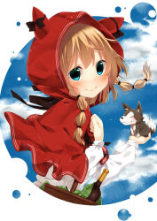 Rule 34 | 1girl, alza, animal, animal on hand, aqua eyes, basket, blonde hair, blue sky, bottle, braid, capelet, cloud, day, hat, hat with ears, hood, little red riding hood, little red riding hood (grimm), long sleeves, looking at viewer, original, sky, smile, solo, twin braids, wine bottle, wolf