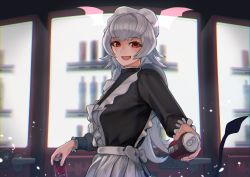Rule 34 | 1girl, absurdres, can, demon girl, demon tail, fang, grey hair, highres, holding, holding can, long hair, long sleeves, looking at viewer, maid, open mouth, original, punikiman, red eyes, skin fang, smile, solo, tail, vampire