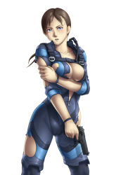 Rule 34 | 1girl, blue eyes, blush, bodysuit, breasts squeezed together, breasts, brown hair, cleavage, female focus, gun, highres, jill valentine, large breasts, legs, long hair, looking at viewer, open clothes, ponytail, resident evil, resident evil: revelations, simple background, solo, standing, sweat, thighs, thor (deep rising), torn clothes, unzipped, weapon, white background, zipper
