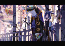 Rule 34 | 1girl, aircraft, airship, animal ears, armband, black gloves, blue hair, blue neckwear, bouquet, breasts, cleavage, day, ear piercing, fantasy, flower, gloves, highres, jewelry, lamppost, letterboxed, light beam, long hair, looking at viewer, necklace, original, piercing, plant, railing, scenery, sho (sumika), small breasts, standing, very long hair, vines, whale, yellow eyes
