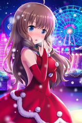 Rule 34 | 1girl, ahoge, alternative girls, amusement park, arimura shion, blue eyes, blush, brown hair, dress, ferris wheel, highres, jewelry, long hair, looking at viewer, night, official art, open mouth, outdoors, red dress, ring, snowing, solo