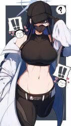 Rule 34 | !, !!, 1girl, ?, armband, bare shoulders, baseball cap, belt, black gloves, black hair, black hat, black pants, black shirt, blue archive, blue eyes, blue hair, breasts, chibi, coat, colored inner hair, crop top, doodle sensei (blue archive), gin moku, gloves, halo, hat, highres, large breasts, long hair, long sleeves, looking at viewer, mask, midriff, mouth mask, multicolored hair, navel, off shoulder, open clothes, open coat, pants, saori (blue archive), sensei (blue archive), shirt, sleeveless, sleeveless shirt, solo focus, thighs, toned, white coat