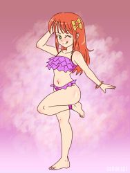 Rule 34 | 1girl, ankle band, arm behind head, arm up, barefoot, bikini, blush, bow, bracelet, collarbone, dakunart, green eyes, hair bow, highres, jewelry, leg up, long hair, looking at viewer, lucy (dakunart), navel, aged up, pink background, purple bikini, red hair, smile, standing, standing on one leg, swimsuit, tongue, tongue out, wink