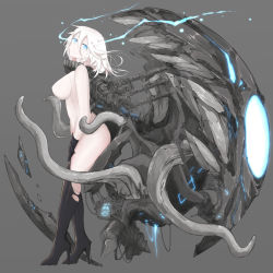 Rule 34 | 1girl, abyssal ship, blue eyes, blush, bodysuit, breasts, cane, cape, closed mouth, damaged, dmt (auburn), expressionless, gloves, glowing, grey background, hair between eyes, hat, headgear, high heels, highres, kantai collection, long hair, looking at viewer, mechanical, open mouth, pale skin, rigging, short hair, silver hair, solo, teeth, tentacles, wo-class aircraft carrier