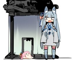 Rule 34 | 1girl, alternate eye color, black eyes, blue footwear, blue hair, blunt bangs, blush, boots, creature, detached sleeves, dress, grey dress, grey sleeves, hair ribbon, karei, kemonomimi mode, kotonoha akane, kotonoha aoi, long hair, long sleeves, looking at another, looking to the side, made in abyss, neck ribbon, open mouth, parody, pink eyes, pink hair, pink thighhighs, ribbon, seyanaa, short dress, sidelocks, sleeveless, sleeveless dress, slime (creature), solo, standing, stasis tank, sweatdrop, thigh boots, thighhighs, voiceroid