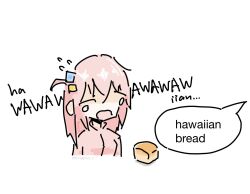 Rule 34 | 1girl, ^^^, bocchi the rock!, bread, commentary, cube hair ornament, english commentary, english text, food, gotoh hitori, hair between eyes, hair ornament, jacket, long hair, open mouth, pink hair, pink jacket, simple background, solo, speech bubble, tunaplus c, twitter username, upper body, white background
