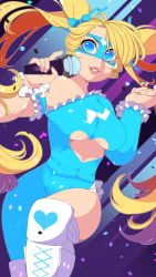 Rule 34 | 1girl, abs, alternate costume, blonde hair, blue eyes, breasts, cleavage, clothing cutout, domino mask, frills, heart, heart cutout, highres, knee pads, leotard, looking at viewer, mask, microphone, parted lips, queen ashi, rainbow mika, smile, solo, street fighter, street fighter v, toned, twintails, wrestling outfit
