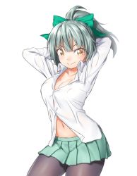 Rule 34 | 10s, 1girl, arms behind head, arms up, black pantyhose, blush, bow, breasts, cleavage, dress shirt, grey hair, hair bow, kantai collection, large breasts, looking at viewer, navel, onsoku inu, pantyhose, personification, ponytail, shirt, simple background, skirt, smile, solo, white background, yuubari (kancolle)