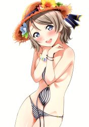 Rule 34 | 1girl, :d, absurdres, bikini, bikini top only, blue eyes, blush, bracelet, breasts, covering breasts, covering privates, cowboy shot, flower, hat, hat flower, hat ribbon, highres, jewelry, light brown hair, looking at viewer, love live!, love live! sunshine!!, medium breasts, o-ring, o-ring bikini, open mouth, ribbon, sankuro (agoitei), scan, simple background, smile, solo, stomach, straw hat, striped bikini, striped clothes, swimsuit, thighs, topless, unworn bikini top, watanabe you, white background