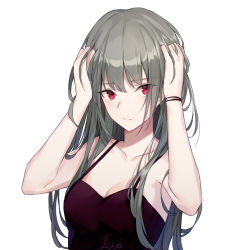 Rule 34 | 1girl, 3:, aiko (kanl), bad id, bad pixiv id, bare shoulders, blush, breasts, camisole, cleavage, closed mouth, collarbone, grey hair, hand in own hair, hands in hair, hands up, long hair, looking at viewer, medium breasts, original, purple eyes, simple background, solo, tsurime, upper body, white background