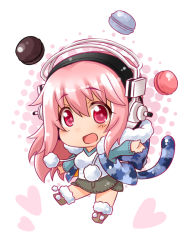 Rule 34 | 1girl, animal ears, blush, cat ears, chibi, headphones, heart, hood, hooded jacket, jacket, long hair, long sleeves, looking at viewer, macaron, nitroplus, okitakung, open clothes, open jacket, open mouth, outstretched arms, pink eyes, pink hair, shirt, skirt, smile, solo, super sonico