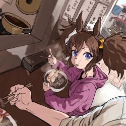 Rule 34 | 1boy, 1girl, animal ears, blue eyes, bowl, breasts, brown hair, chopsticks, cooking pot, counter, e-ncyo, eating, food, fox mask, highres, holding, holding bowl, holding chopsticks, hood, hood down, hoodie, horse ears, inari one (umamusume), long sleeves, looking at viewer, looking to the side, mask, mask on head, medium hair, noodles, open mouth, out of frame, purple hoodie, shirt, shrimp, shrimp tempura, sitting, small breasts, steam, tempura, trainer (umamusume), umamusume, white shirt