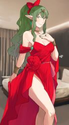 Rule 34 | 1girl, alternate costume, bed, bracelet, breasts, choker, cleavage, commentary, curtains, dress, earrings, english commentary, fire emblem, fire emblem awakening, gala dress, gold choker, green eyes, green hair, hair ribbon, hand on own chest, highres, jewelry, long hair, looking at viewer, medium breasts, nintendo, pointy ears, ponytail, red dress, red ribbon, ribbon, ring, sakuremi, side slit, smile, solo, tiara, tiki (adult) (fire emblem), tiki (fire emblem)