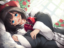 Rule 34 | 1girl, :d, black coat, black hair, blue eyes, blurry, blurry background, blush, coat, commentary request, copyright request, curtains, depth of field, dress, flower, fur-trimmed sleeves, fur trim, gloves, hasumi (hasubatake39), hat, high heels, highres, long sleeves, lying, on side, open clothes, open coat, open mouth, pinching sleeves, red flower, red footwear, red hat, red rose, rose, shoes, sleeves past wrists, smile, solo, striped clothes, striped dress, unworn gloves, unworn shoes, vertical-striped clothes, vertical-striped dress, white gloves, wide sleeves, window