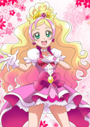 Rule 34 | 1girl, :d, blonde hair, bow, choker, collarbone, cure flora, dress shirt, earrings, floating hair, gloves, go! princess precure, gradient hair, green eyes, hair ornament, hanzou, high ponytail, jewelry, long hair, multicolored hair, open mouth, parted bangs, pink bow, pink hair, pink skirt, precure, shirt, short sleeves, skirt, smile, solo, standing, streaked hair, very long hair, waist bow, white gloves, white shirt