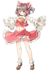 Rule 34 | 1girl, arnest, ascot, black footwear, bobby socks, bow, brown eyes, brown hair, closed mouth, collar, collared shirt, commentary, detached sleeves, frilled bow, frilled collar, frilled skirt, frills, full body, hair bow, hair tubes, hakurei reimu, holding, light frown, looking at viewer, medium hair, medium skirt, midriff, navel, nontraditional miko, ofuda, outstretched arms, red bow, red shirt, red skirt, ribbon-trimmed sleeves, ribbon trim, sarashi, shirt, shoes, sidelocks, simple background, skirt, skirt set, sleeveless, sleeveless shirt, socks, solo, spread arms, standing, touhou, white background, white sleeves, white socks, wind, wind lift, yellow ascot