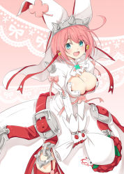Rule 34 | 1girl, :d, ahoge, ascot, bad id, bad pixiv id, belt, blue eyes, blush, bouquet, bow, breasts, chm (macharge), cleavage cutout, clothing cutout, clover, cross, dress, elphelt valentine, flower, four-leaf clover, garter straps, guilty gear, guilty gear xrd, hairband, holding, lace, large breasts, long sleeves, open mouth, pink background, pink bow, pink hair, puffy long sleeves, puffy sleeves, red flower, red rose, ribbon, rose, short hair, smile, solo, spikes, thighhighs, white dress