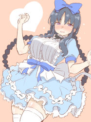 Rule 34 | 1girl, alice (alice in wonderland), alice (alice in wonderland) (cosplay), alice in wonderland, apron, assault lily, black hair, blue dress, blush, bow, braid, cosplay, crying, crying with eyes open, dress, embarrassed, frills, gochisousama (tanin050), hair bow, highres, open mouth, purple eyes, shirai yuyu, simple background, solo, tears, thighhighs, twin braids, white thighhighs, zettai ryouiki