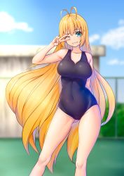 Rule 34 | 1girl, absurdres, arm behind back, black one-piece swimsuit, blonde hair, blue eyes, blue sky, blurry, blurry background, breasts, chain-link fence, cloud, cloudy sky, commentary request, covered navel, day, depth of field, fence, grin, highres, large breasts, long hair, looking at viewer, mikuru beam, nicchi, one-piece swimsuit, one eye closed, outdoors, partial commentary, school, school swimsuit, sky, smile, solo, standing, swimsuit, tsurumaki maki, v, very long hair, voiceroid
