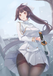 Rule 34 | aiguillette, azur lane, bad id, bad pixiv id, bow, brown eyes, brown hair, gloves, hair bow, hair flaps, highres, holding, holding sword, holding weapon, katana, long hair, military, military uniform, pantyhose, ponytail, ribbon, skirt, solo, sword, takao (azur lane), thighband pantyhose, uniform, very long hair, weapon, white bow, white gloves, white ribbon, white skirt, yu ni t