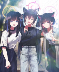 Rule 34 | 3girls, ^ ^, alternate costume, animal ear fluff, animal ears, black hair, black pants, blue archive, blurry, blurry background, breasts, casual, cat ears, closed eyes, colored inner hair, denim, dog ears, extra ears, hand on another&#039;s shoulder, hibiki (blue archive), jeans, kamiyama sumu, kazusa (blue archive), lens flare, long hair, looking at viewer, medium breasts, multicolored hair, multiple girls, outdoors, pants, pink hair, serika (blue archive), shirt tucked in, short hair, small breasts, smile, twintails, two-tone hair, v, very long hair