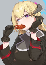 Rule 34 | 1girl, absurdres, akari (blue archive), black gloves, black horns, blonde hair, blue archive, blue eyes, blue halo, breasts, eating, food, frilled gloves, frills, gloves, hair between eyes, halo, highres, holding, holding food, horns, kakimoto nao, large breasts, long hair, long sleeves, sausage, solo